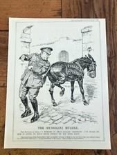 1929 original political cartoon print - the mussolini muzzle ! 