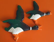 2 Vintage Retro 50-70s Chalkware Flying Wall Mallard Ducks Plaques Birds Kitsch