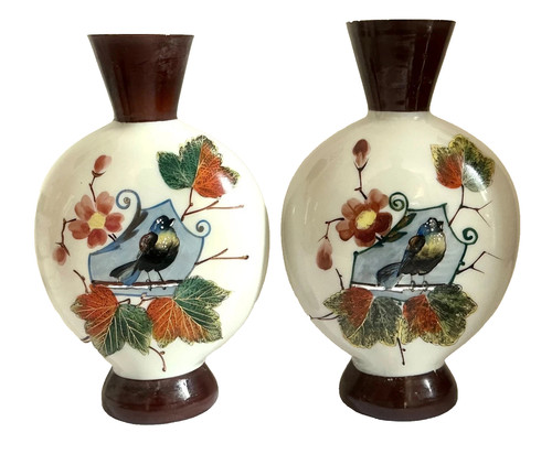 Pair vintage painted glass - pair,