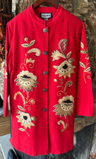 NWT Indigo Moon QVC Red Cotton Embroidered Floral Over Coat Size Large