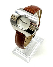 Ladies Modernist Gem Set Chunky Ellipse Watch -New Battery-Brown Mock Croc Strap