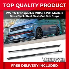 FITS VW T6 6.1 TRANSPORTER 15> LWB 76MM GLOSS BLACK STEEL SIDE BARS 4 PAD STEP