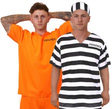 MENS PRISONER COSTUME ORANGE TOP TROUSERS CONVICT HALLOWEEN FANCY DRESS S-XXL