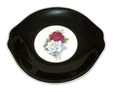 Queen Anne Cake Serving Plate Black Pink White Roses Vintage