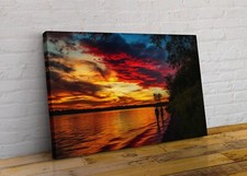 Red Sunset Romantic Beach Water Walk Abstract Canvas Wall Art Picture Print