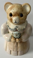 Vintage Ceramic Teddy Bear Cookie Jar – 11” – Bear in Dress Holding Flowers