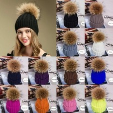 Women Winter Racoon Fur Pom Pom 15cm Ball Knit Beanie Ski Cap Bobble Hat UK