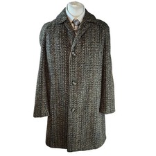 Vintage Marlsbro Mens Tweed Overcoat Size 42S Black Brown Wool Raglan Sleeves 