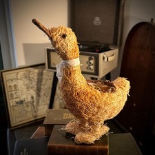 Rustic Straw Duck Planter Cottage Farmhouse Wicker Bird Ornament Flower Pot