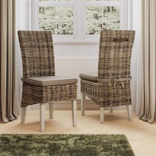 Set Of 2 Solid Pine Rattan Whitewash Dining Chairs Ready Assembled