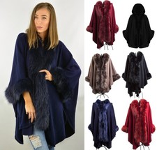 Womens Faux Fur Trim Poncho Fleece Faux Fur Collar & Cuffs Ladies Wrap Cape Coat