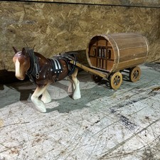 A porcelain Shire horse with wooden trailer.  Ref Fc3