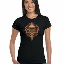 Santa & Reindeer Skull Womens Xmas T-Shirt Biker Gothic Motorbike Bike Secret