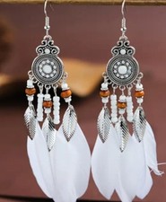 Feather Native American dream catcher Earrings With Beads White, feather, boho