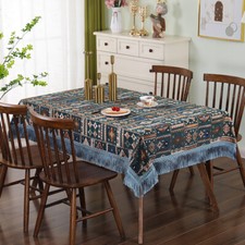 1X Vintage Style Chenille Tablecloth Embroidered Tassel Table Cover Ethnic Decor