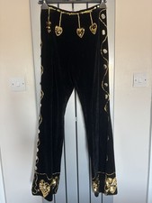 Original 1970s Flared Black Velvet Gold Sequins Hippy Boho Trousers Size 8