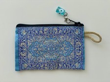 Blue Tapestry Kilim Coin Purse, Small Bag with Evil Eye Pull