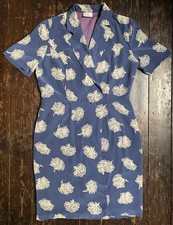 VTG 80s BETTY BARCLAY blue white floral REAL SILK  Wrap Kaftan Dress 10 12 TLC