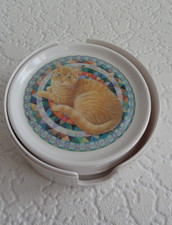 Vtg Cloverleaf Kitty Cat Coasters Set Lesley Anne Ivory 6 w/ Case & Lid