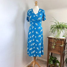 Woolovers Jersey Dress Size S Turquoise Floral Fit Flare Short Sleeve Business