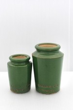 VINTAG c1900s E. STANDING Ltd HARROGATE GREEN GLAZE STONEWARE CREAM POTS