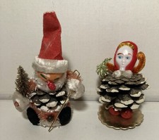 VINTAGE CHRISTMAS PINE CONE CHENILLE SANTA ELF DECORATIONS 