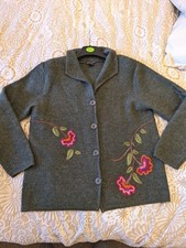 Deane & White Cardigan Coat M Womens 100% Wool Green Jacket Floral Embroidery