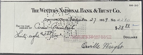 Orville wright 1939 bank check - wright,
