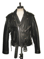 Vintage INTERSTATE motorcycle biker leather jacket 44 black belted HAPPY DAY'S