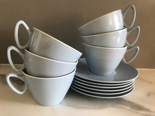 Gaydon Melmex Oval Cups and Saucers x 6 - Pale Blue - Vintage 1950's