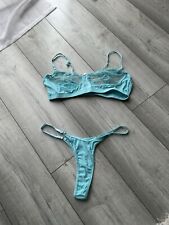 Baby Blue Mesh Lingerie Bra Thong Set UK L 12 14 Brand New Never Worn