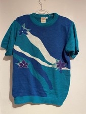 Vintage 90s blue teal waves floral short sleeve sweater top jumper 12 - 14