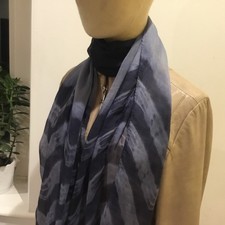 Long Scarf Made For Liberty 100% Silk Sheer Dark Blue Tie Dye Hand Rolled Edge