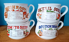 4 Vintage Ceramic Soup Mugs With Recipes & Handles Tomato, Mushroom, S.Broth VGC