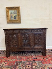 OUTSTANDING QUALITY ANTIQUE CARVED OAK STORAGE CHEST/BLANKET BOX CIRCA 1880