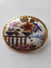 Vintage 1970s Aynsley Floral  Brooch Bone China Oval Gold Tone White Red Blue