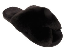 Ladies Furry Slippers Womens Fluffy Sliders Crossover Open Toe Faux Fur Mules 