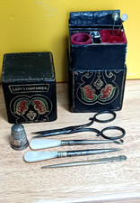 Antique Ladies Companion Etui sewing box leather embossed thimble scissors lot