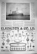 Original Old Antique Print 1900 Cruiser Ship Cressy Portsmouth Grosvenor Hotel