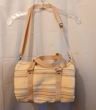 New Canvas Upholstery Mini Duffle Travel Bag Tan Sage embroidered Shoulder Cross