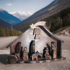 Hand Carved Vintage Rustic Wooden Christmas Nativity Scene With Figurines Xmas