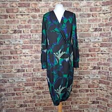 Kim&Co Dress Green Black Floral Size Large Below Knee Stretch Faux Wrap - New