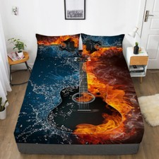 Guitar Ice Fire Music Bedding Decor Fitted Sheet Set Single/Double/King Size