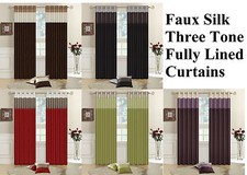 FAUX SILK LINED CURTAINS THREE TONE BEDROOM CURTAIN EYELET / RING TOP + Tiebacks