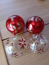 Four Beautiful Large glitter painted red glass baubles Xmas decoration 9cm tall