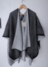 ALLSAINTS Plated Ruana Cape Poncho One Size Black Chalk NWT Cosy Striped Wrap