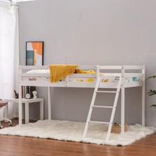 White Kid Bunk Bed Mid Sleeper with Ladder 3FT Single Bed Frame Wooden Cabin Bed
