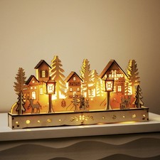 Light Up Wooden Christmas Village Scene LED Xmas Houses Sculpture Decoration