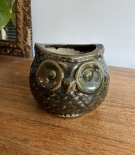 Owl Vase Flower Plant Pot Ceramic planter Vintage Green/brown glaze