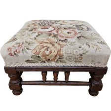 Antique Floral Footstool Thos Simpson & Sons Wood Upholstered Square TH